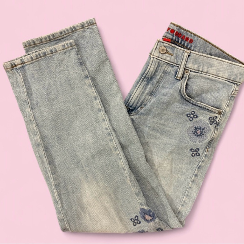 Lucky Brand Floral Embroidered Boy Mid Rise Relaxed Straight Jeans Sz 6 / 28R